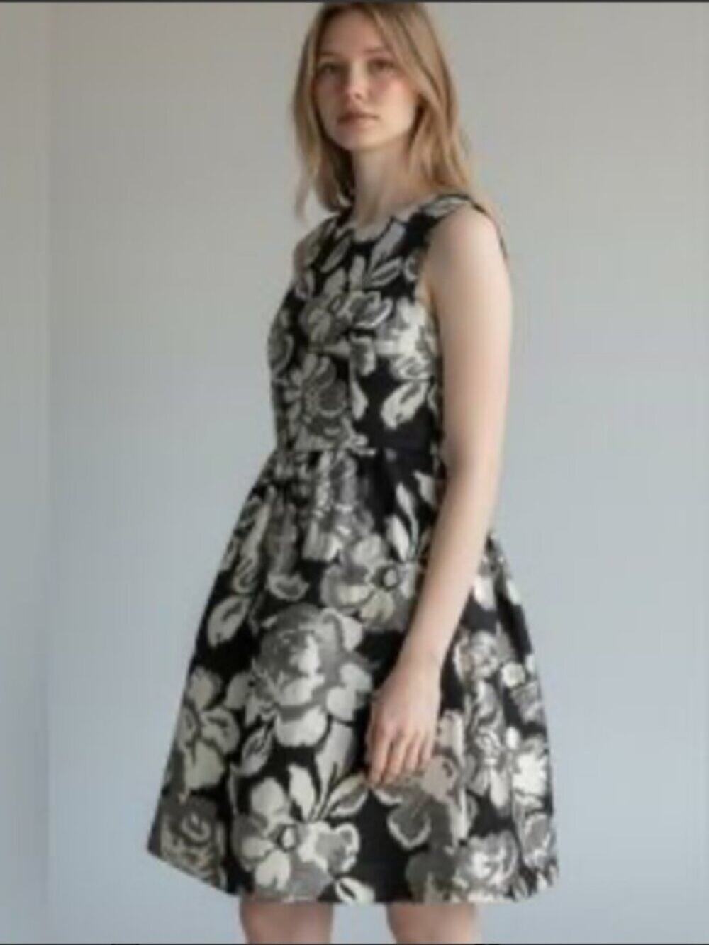 Anthropologie Tabitha Women Sz 4 Black & Silver Metallic Floral Fit Flare Dress
